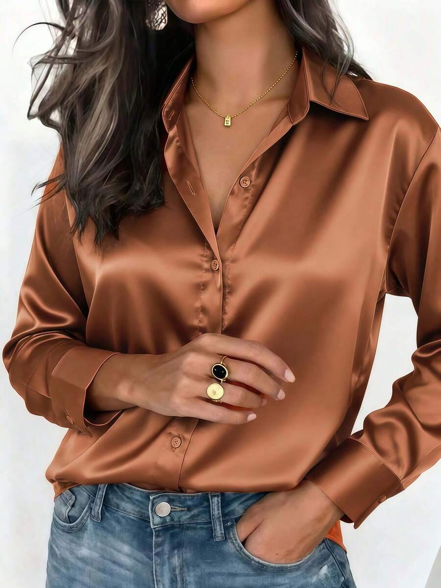 Camisa de satén de unicolor para mujer - Blusa casual de negocios con cuello y botones, elegante para ir al trabajo & uso diario, primavera verano otoño invierno, atuendo de verano