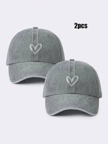 2pcs Embroidered Heart Washed Baseball Cap, Adjustable Couple Hats, Suitable For Spring/Autumn Travel, Beach, Casual Wear, Y2K Style Unisex Sun Hat - Baseball Cap - View 6