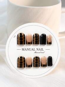 JUTI 10pcs Luxury Handmade Short Almond Shape Press-On Nails, Nude Black Tortoise Shell Pattern Fake Nails, Vintage Autumn Winter Holiday Nail Art, Versatile Daily Celebration Set, Includes Nail File And Jelly Glue - Multicolor - View 4