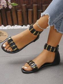 A Pair Of Retro, Stylish, And Casual Geometric Metal Sandals For Women, Perfect For Daily Commuting, Shopping, And More. They Are Also Ideal For Vacations And Make A Great Gift Exchange Option For Friends Or Family. - Black - View 3