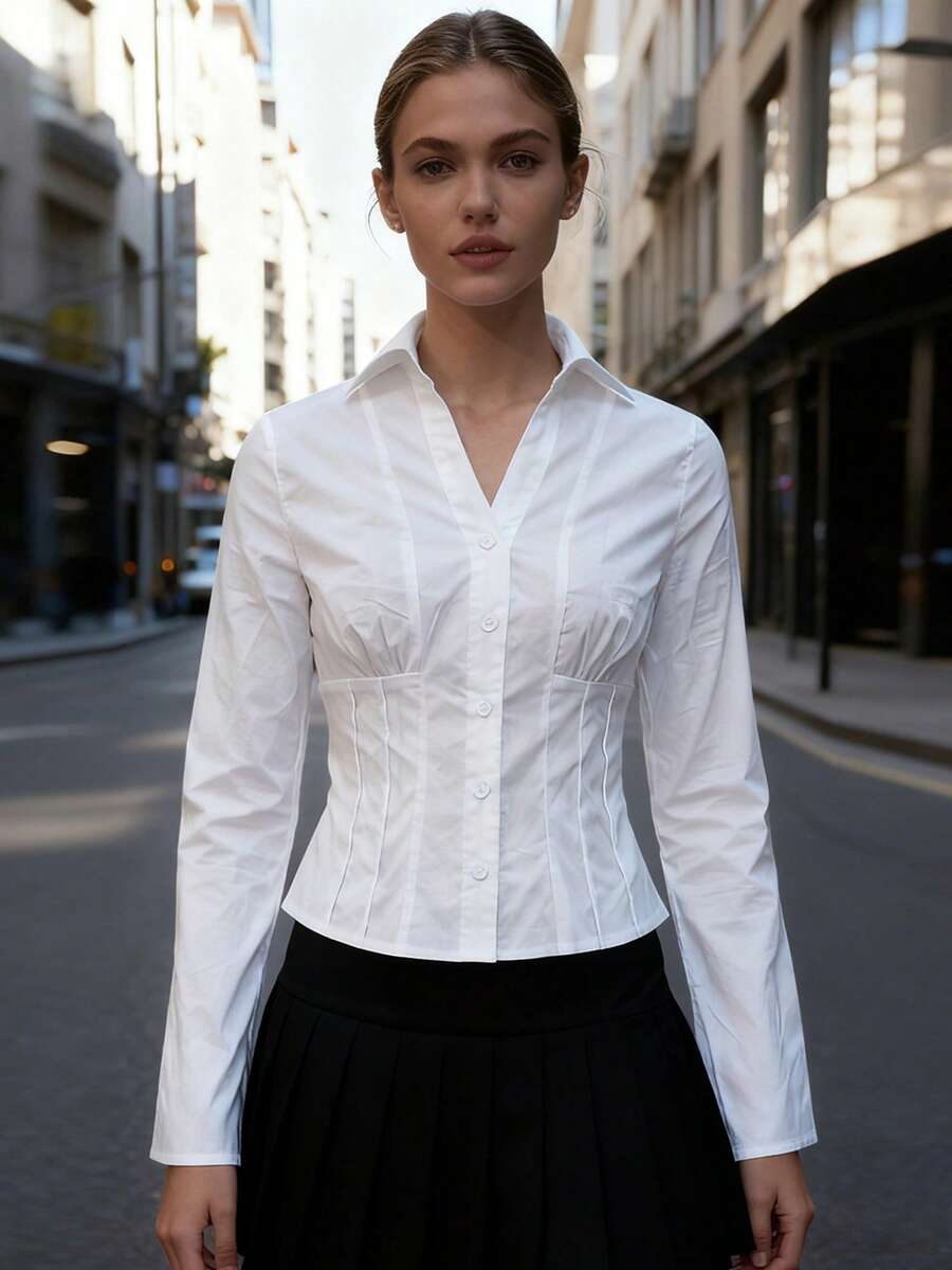 Womens Button Down Shirts Long Sleeve Lapel Collar Cinched Waist Tops Spring Fall Blouse - 白色 - 查看 1