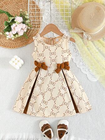 Baby Mädchen Sommer ärmelloses Blumenprint Schleife Dekor elegantes Kleid, Baby Mädchen Mode Kleid