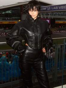 European And American Style Short Autumn And Winter New Slim And Thin High Neck Solid Color Zipper Fish Bone Short Pu Leather Jacket Women's Clothing - màu đen - Xem 2