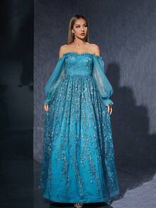 露肩亮片缎带饰边蕾丝灯笼袖刺绣长款连衣裙，绿色 - 綠色 - 查看 5