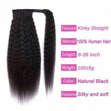 BINF Long Kinky Yaki Straight Ponytail Extension Human Hair With Wrap Around Magic Tape Brazilian Hair Clip In Extensions Kinky Straight Wrap Around Human Hair Ponytail For Women Yaki Kinky Straight Human Hair Wrap Around Ponytail Hair Piece With Clips - KinkyStraight Wrap Around Ponytail - 查看 4