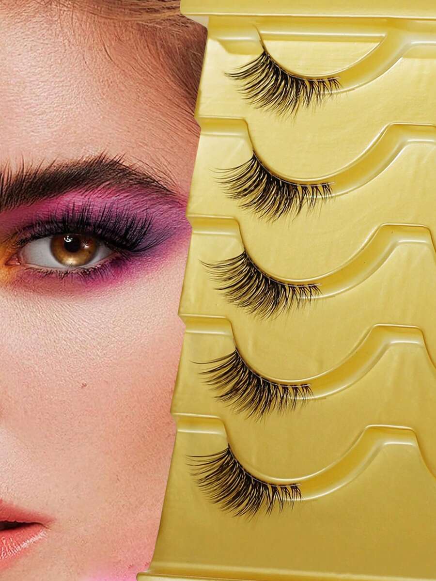 5 Pairs Wispy Cat Eye Faux Mink Lashes With Transparent Band, Natural Short Lash Appearance - Cat Eye Lashes - View 1