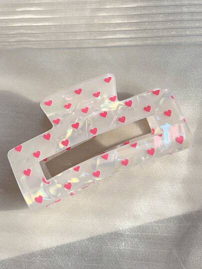 Valentine's Day Colorful Acrylic Hair Claw Clip - Pink Heart Pattern Non-Slip Clip, Medium Size, Strong Hold, Suitable For Thick/Thin Hair Accessories Women Hair Clips Fashion Hair Clutch Casual Hair Jaw Clip Valentine's Day Accessories Gift