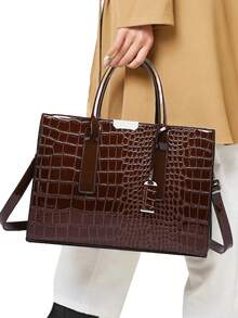Women's Crocodile Pattern Satchel Fashion Tote Bag Women Top-Handle Medium Purse Shoulder Bag - màu nâu - Xem 2