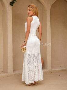 Women's New Year's Eve Knit Dress With Lace, Lined, Flared, Summer Style, Elegant Knit - 白色 - 查看 3