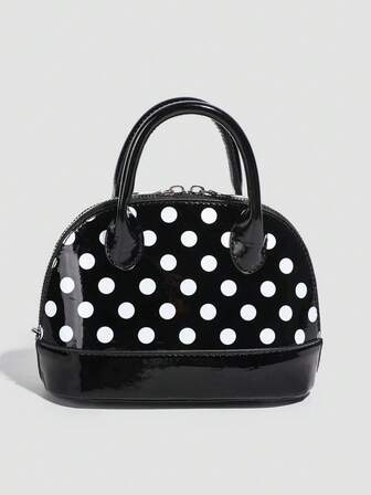 Korean Style Fashionable Versatile High-Quality Cute Girl Black & White Polka Dot Shell Shoulder Bag, Suitable For Casual Outings, Commuting, Shopping