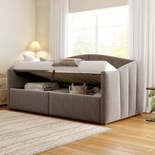 Upholstered Sofa Bed 90 X 200 Cm, Hydraulic Suspension, Slatted Base And Armrests, Classic Striped Pattern, Multifunctional Single Bed, Soft-Touch Velvet Upholstery, Grey