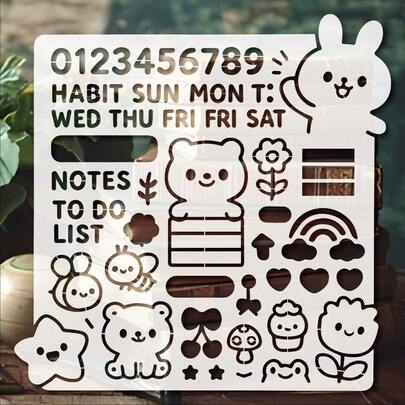 可爱子弹笔记模板 - 萌趣卡通图案模板，可重复使用的DIY计划本装饰模板，适用于笔记、日记和学习日志