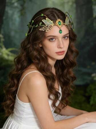 1 pieza Diadema hecha a mano de corona de elfo lunar - Tocado de flores de hadas corona de bosque Diadema élfica para mujeres y niñas Renacimiento Halloween Cosplay Sesión de fotos