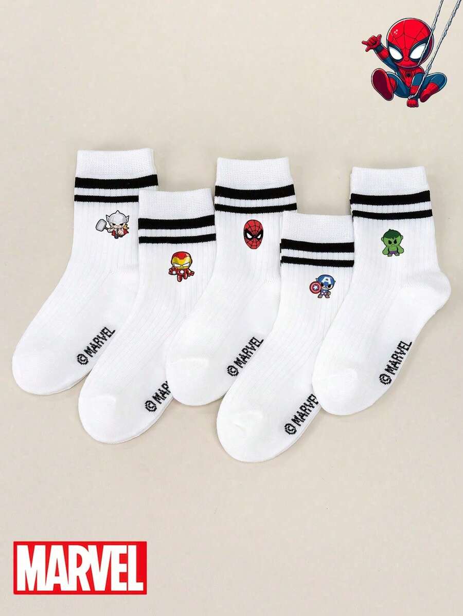 Marvel 1/5双漫威对称蜘蛛侠、钢铁侠、绿巨人、雷神图案儿童短袜，女童短袜，男童短袜，日常/派对礼物/复活节/春夏袜，荷叶边袜，黑白条纹中筒袜，柔软透气短袜