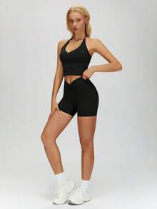 MASKERT Hochelastischer gepolsterter Sport-BH für Frauen - atmungsaktiv, hautfreundlich, stoßabsorbierend, uneingeschränkter Tragekomfort für Gym, Yoga, Training, Schwarz - Schwarz - Übersicht 6