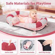 2in1 Tummy Time Activity & Seat Support Baby Play Mat With 5 Sensory Toys & Music, Washable Baby Floor Seat Playmat For Sitting, Soft, No-Slip - Pink-28in - 查看 5