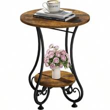 Side TableSmall Round End Table With Lower Shelf For Small Spaces Portable Couch Sofa Coffee Table Bedside Nightstand Table With Metal Frame Retro Accent Drink Table For Living Room Bedroom Balcony - Brown - View 3