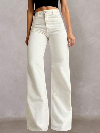 Calça Jeans Wide Leg Feminina Cintura Alta Pantalona Levanta Bumbum Denim Branca-OFF Casual não desbota Moda Ano Novo