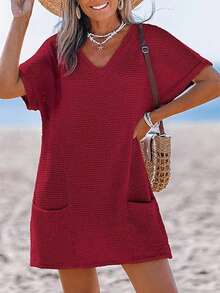 Swimsuit Coverup For Women Waffle Knit V Neck Short Sleeve Beach Coverup Dress With Pockets - 酒紅色 - 查看 2