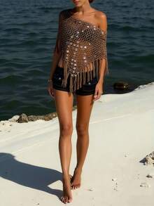 Khăn choàng tam giác dệt sequin thủ công dành cho nữ, khăn choàng tua rua thời trang cho kỳ nghỉ - Màu Khaki - Xem 3