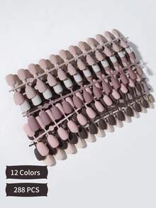 288片（12种混色）哑光短椭圆形亚克力按压式美甲贴片，棕色、杏色、灰色，杏仁形，完美贴合亚克力假指甲套装，易于佩戴，棕色美甲适合女性/女孩日常工作、夜店派对等场合。美甲用品 - 查看 3
