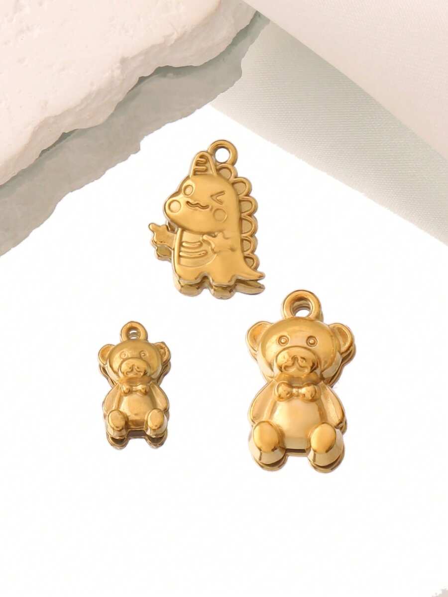 3 piezas de acero inoxidable chapado en oro de 18K con colgantes de osito pequeño, osito grande y dragón lindo para hacer joyas DIY, suministros de accesorios, componentes, aretes, collares, pulseras y hallazgos - 3 colgantes - Ver 1
