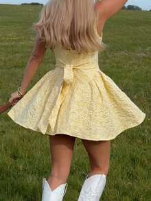Butter Yellow Textured Mini Dress | Square Neck Flowy Dress For Picnic & Vacation - Yellow - View 8