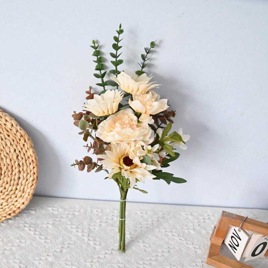 Ramo de crisantemos artificiales, flores de hibisco artificiales realistas con tallos para decoración de jarrones de mesa de fiesta en casa - Champán - Ver 1