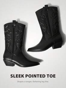 Black Faux Leather Women's Embroidered Cowgirl Boots For Outdoor Music Festival Black White Brown Mid-Calf Pull-On Block Heel - 黑色 - 查看 5