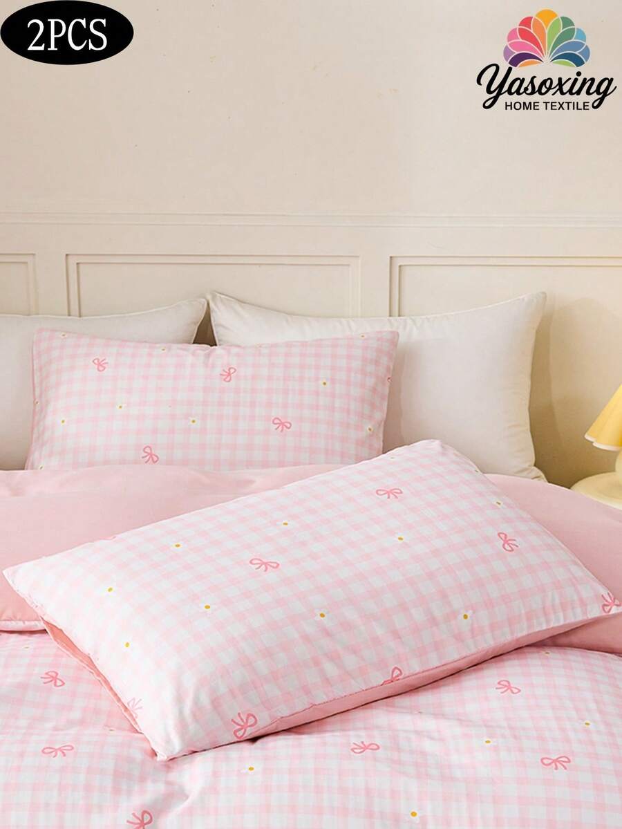 2 piezas Juego de Fundas de Almohada con Patrón de Lazo a Cuadros, Fundas de Almohada Decorativas, Super Suaves y Transpirables, Sin Relleno, Lavables a Máquina, Estilo Dulce y Femenino, Adecuado para Dormitorio - Rosa - Ver 1