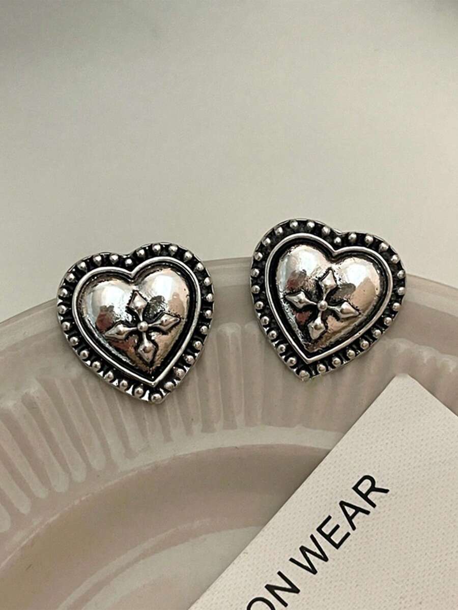 Hoa tai hình thánh giá và trái tim sang trọng, hoa tai phong cách tối giản thanh lịch, thiết kế sang trọng dành cho nữ - Màu Bạc Cổ - Xem 1