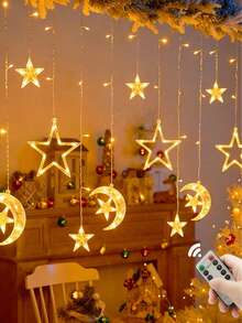 1pc 3.5M 126LED Moon Star Curtain String Lights, Fairy Icicle Lights For Indoor Home Window, Perfect Gift For Valentine's Day Mother's Day Birthday Party Christmas Decoration