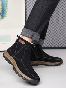 1 Pair Men's Round Toe Pull-On PU Leather Upper Rubber Sole Lined Warm Non-Slip Casual Mid-Calf Boots, Suitable For Daily Wear In Winter - Black - View 5