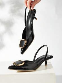 女士黑色漆皮尖头小猫跟浅口鞋，优雅正式晚宴鞋，带踝带 - 黑色 - 查看 2