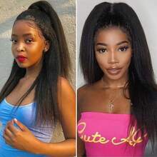 BINF Long Kinky Yaki Straight Ponytail Extension Human Hair With Wrap Around Magic Tape Brazilian Hair Clip In Extensions Kinky Straight Wrap Around Human Hair Ponytail For Women Yaki Kinky Straight Human Hair Wrap Around Ponytail Hair Piece With Clips - KinkyStraight Wrap Around Ponytail - 查看 2
