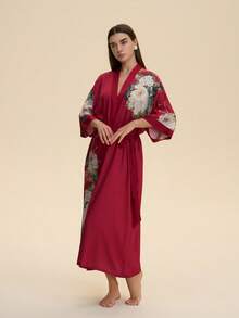 中国风复古宽松中长改良款汉服时尚印花和服罩衫长袍休闲家居服系腰浴袍睡衣薄外套夏季沙滩泳衣罩衫防晒外套 - 紅色 - 查看 2