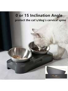 带不锈钢碗的猫用高脚碗，易于清洁，配有防滑硅胶垫，0°和15°倾斜角度，保护颈部，适合宠物、猫和幼犬喂食喂水。