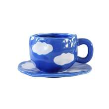 CMYD Studio 1 件 280 毫升原创北欧风格手工陶瓷咖啡杯碟套装，多色格子、心形、云朵、花卉图案，适合下午茶、牛奶、拿铁、甜点盘 - 很棒的礼物