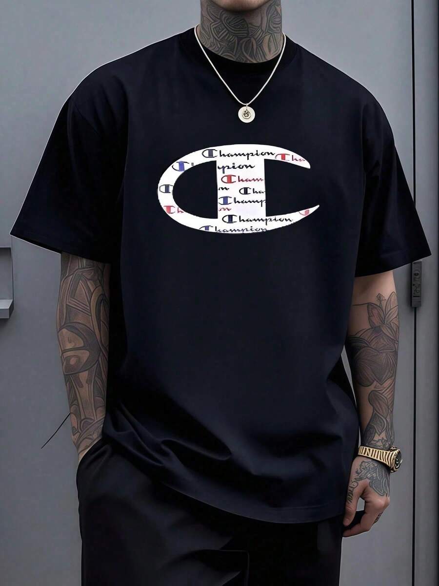 Bold Oversized C Logo Filled With Repeated Champion Text In Red Blue And Black Symbolizing Strength Unity And Perseverance 100 Cotton Casual Tee For Men - màu đen - Xem 1