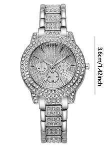 6pcs Luxury Style Women's Alloy Steel Band Quartz Watch, Inlaid Diamonds, Triple Dial Roman Numerals And Alloy Gold Jewelry Set, Heart-Shaped Diamond For Evening Party - Silver - View 7