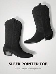 Women's Embroidered Cowgirl Boots For Outdoor Music Festival Black White Brown Mid-Calf Pull-On Block Heel - 深灰色 - 查看 5