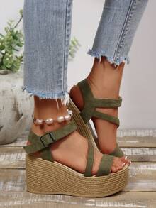 女士厚底坡跟凉鞋，休闲厚底凉鞋，时尚坡跟凉鞋，露趾踝带凉鞋，优雅夏季草编鞋，旅行必备 - 綠色 - 查看 7