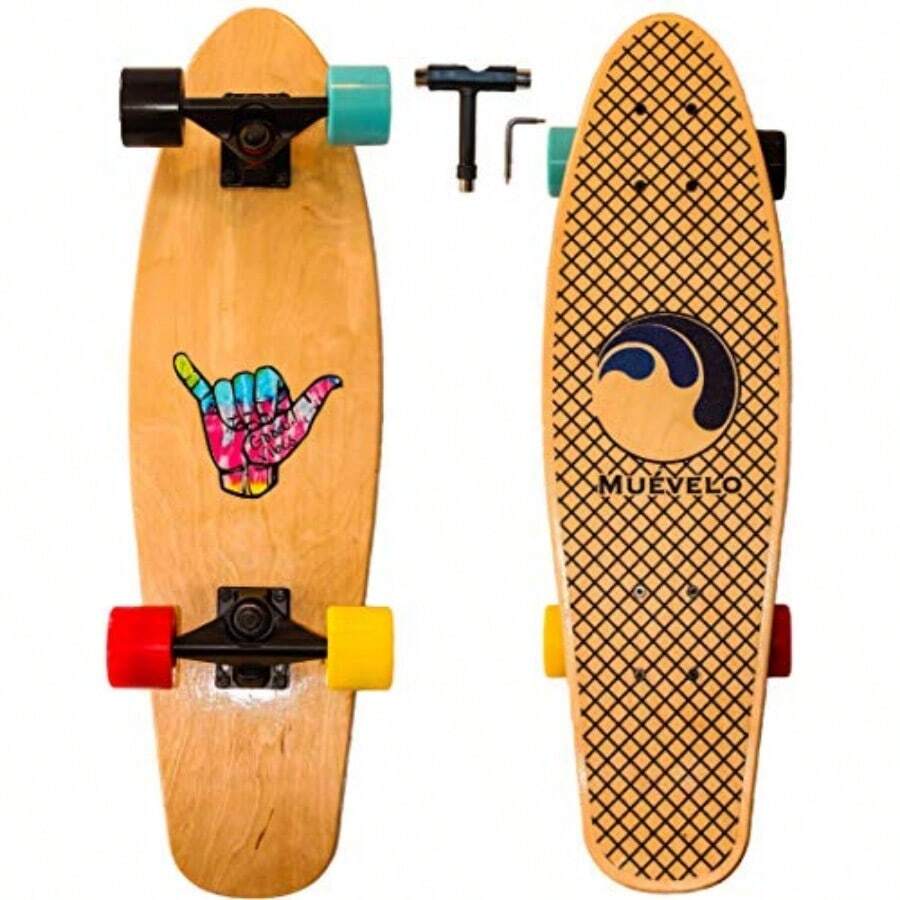 Muévelo Skateboard completo de 27 pulgadas para principiantes y avanzados adecuado para niños adolescentes y adultos tabla de níquel/mini longboard tallador madera arce - Rojoazulnegroamarillocaf - Ver 1