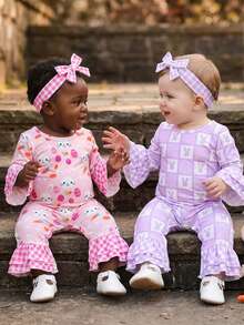 Mono de niña para Pascua, mono de manga larga a cuadros con estampado de conejo y diadema, adecuado para uso diario informal al aire libre, tela suave y cómoda, agradable para la piel, ropa de Pascua, promoción especial, alta recompra, 0-18M - Rosa - Ver 5