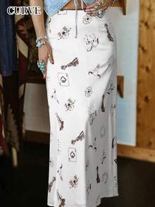 Plus Size Women's Casual White Vacation Wavy Lace Trim Elastic Mesh Printed A-Line Skirt, Spring/Summer - Multicolor - View 1