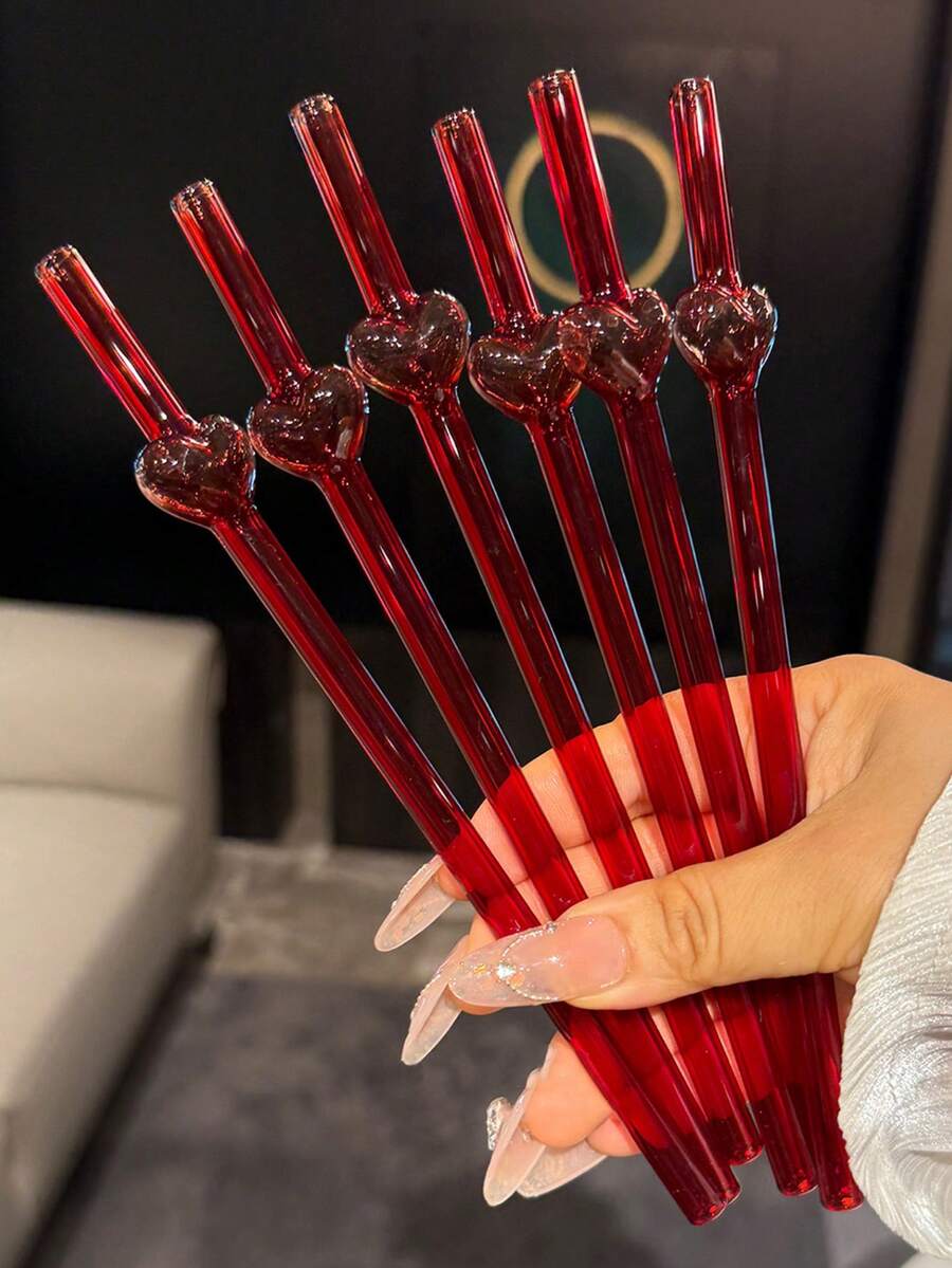 6支装心形玻璃可重复使用吸管礼盒套装,优雅可重复使用吸管带清洁刷 - 创意情人节礼物,送给妻子、女友、未婚妻的完美浪漫礼物,可爱杯子配件,贴心女性礼物,适用于奶昔、珍珠奶茶、冰咖啡等饮品 - 彩色 - 查看 1