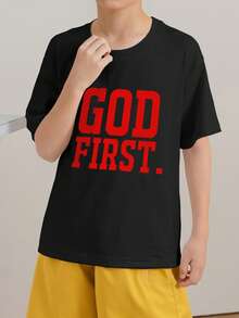 Tween Boy Casual Letter Print Short Sleeve Pullover T-Shirt With Round Neck For Summer - Black - View 2