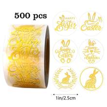 500pcs Foil Easter Greetings English Doodle Stickers, 1 Inch Round 6 Designs, Easter Transparent Rabbit Handmade Gift Envelope DIY Decorative Stickers, Holiday Party Decorations, PVC Sticker Seals - Gold - View 2
