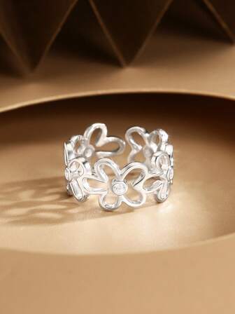 1pc S925 Sterling Silver Hollow Flower Rhinestone Adjustable Open Ring, INS Minimalist Chic Versatile Unique Silver Ring For Women Valentines