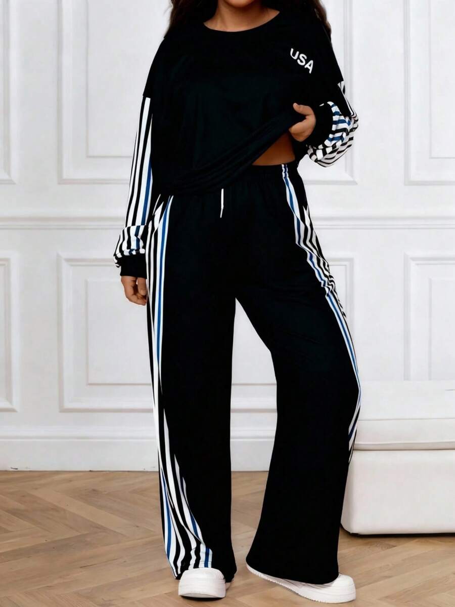 Plus Size Women's Striped Sports 2-Piece Set: Round Neck Sweatshirt With Multicolor Sleeve Print + Drawstring Waist Pockets Striped Wide Leg Casual Pants, Suitable For Spring, Summer, Autumn And Winter - Black and White - View 1